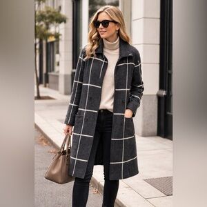 Mark & Graham Wool Knit Coat in a gray and white windowpane Lambswool